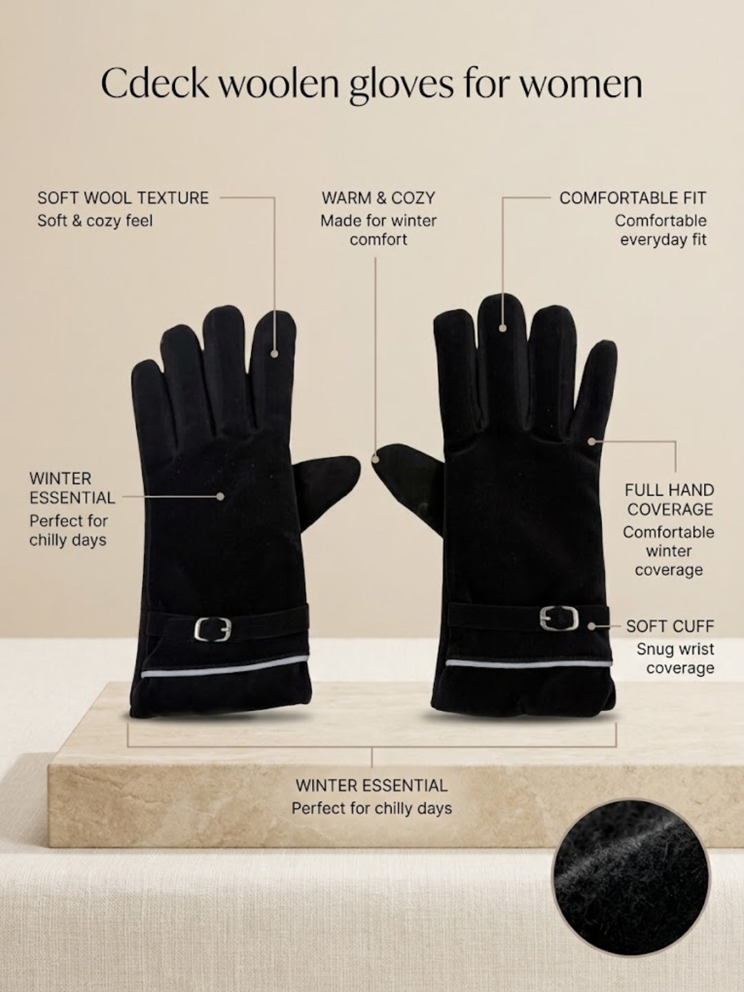 Cdeck Women’s Woolen Gloves | Warm Winter Gloves | Touchscreen Friendly | Free Size | Black