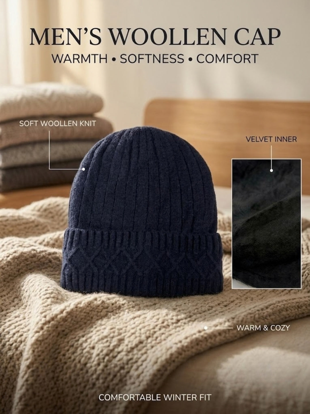 Cdeck Men’s Woolen Winter Cap | Soft, Warm & Comfortable Cap for Everyday Wear | Free Size | Blue