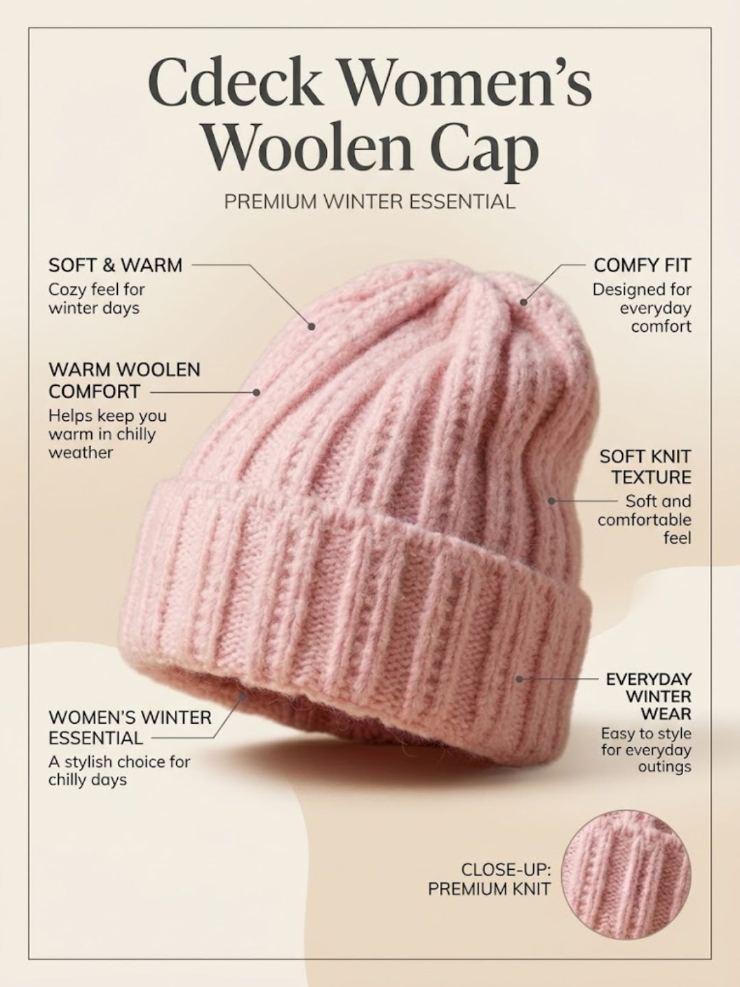 Cdeck Women Woolen Cap | Soft Knitted Winter Beanie for Women | Warm & Stylish Winter Wear | Free Size| Pink