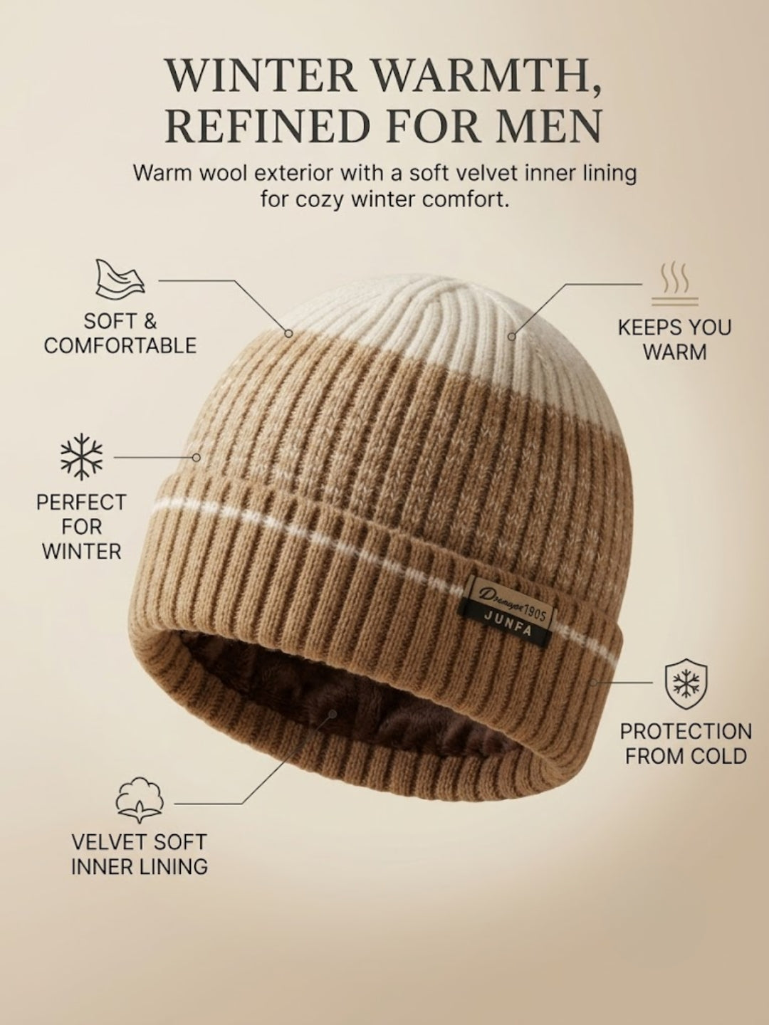 Cdeck Men’s Winter Woolen Cap | Ribbed Knit Beanie | Free Size | Soft & Warm  | Brown