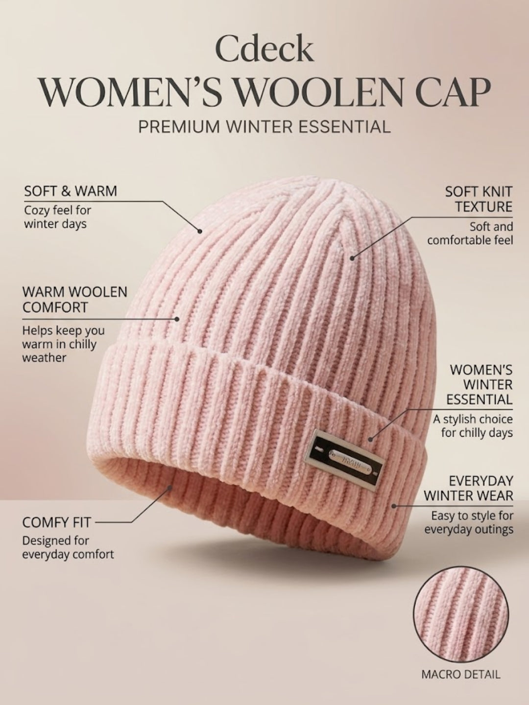 Cdeck Women Woolen Cap | Soft Knitted Winter Beanie for Women | Warm & Stylish Winter Wear | Free Size| Pink