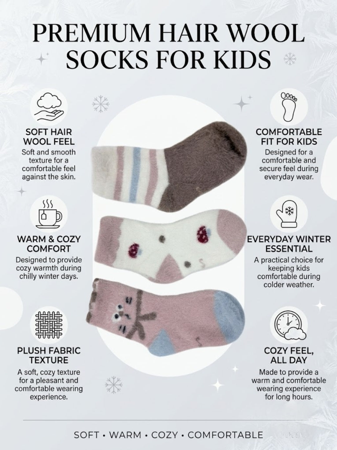 Cdeck Premium Rabbit Wool Winter Socks for Kids | Warm & Soft Fuzzy Socks for Boys & Girls | Age 2–12 Years | Multicolor Pack