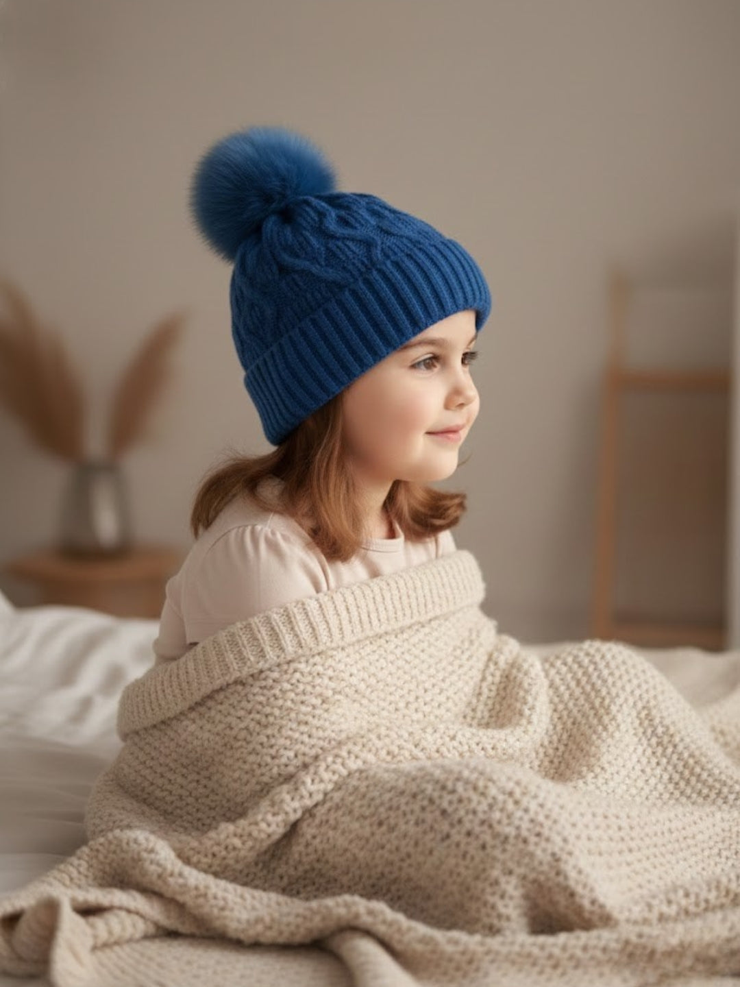 Cdeck Unisex Cable Knit Woolen Winter Beanie Cap with Pom Pom | Soft & Warm | 2–4 Years