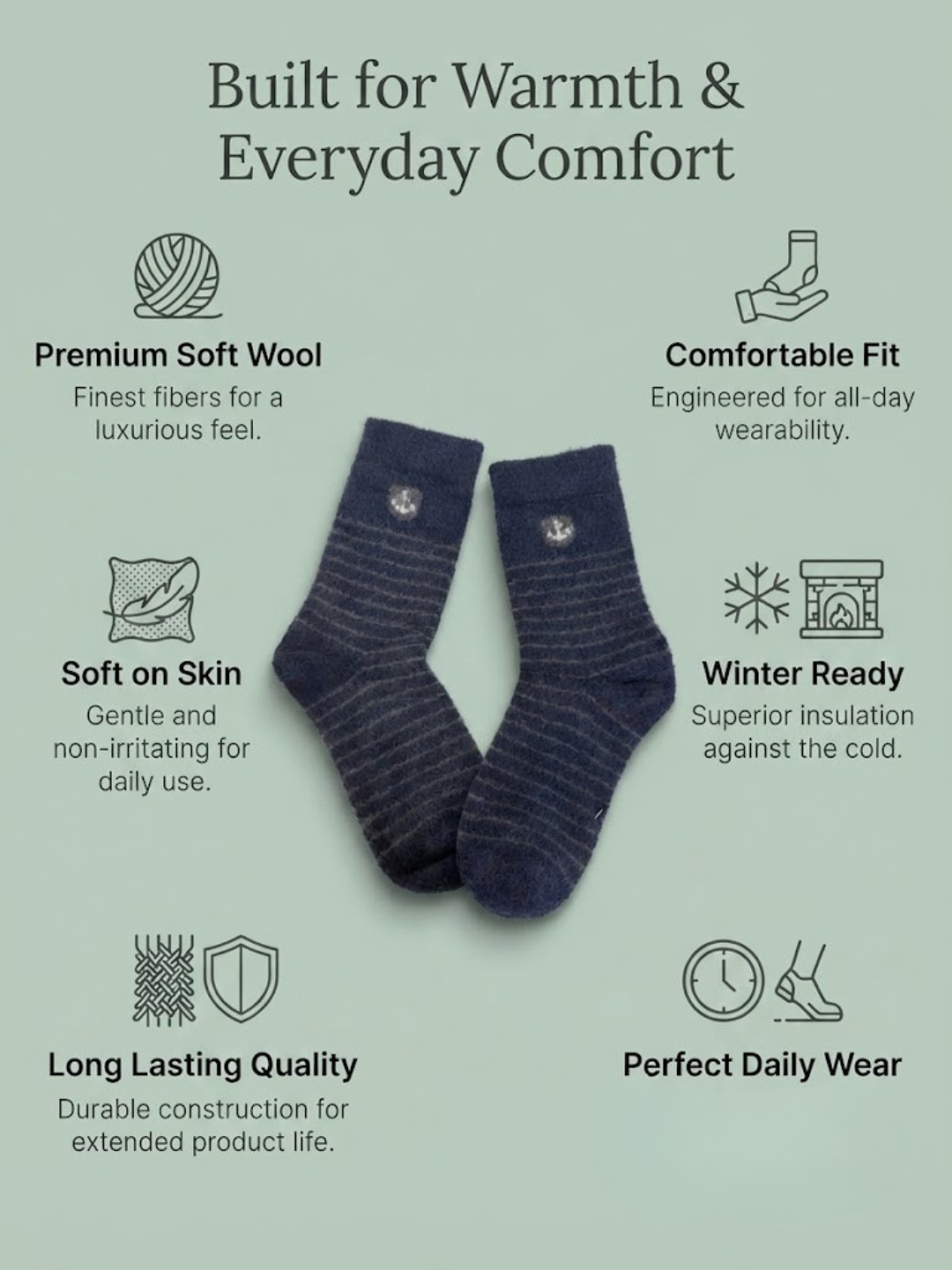 Cdeck Men’s Soft Wool Socks | Warm & Comfortable Navy Striped Socks