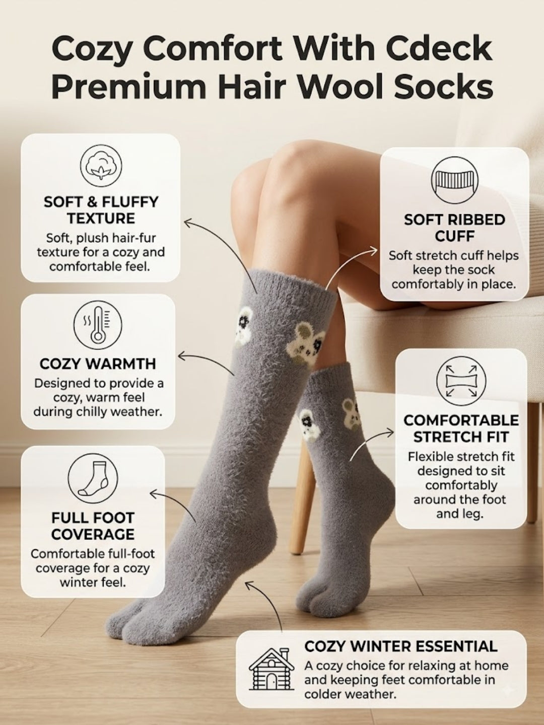 Cdeck Women’s Premium Soft Fuzzy Bear Design Warm Winter Split-Toe Socks | Free Size | Grey
