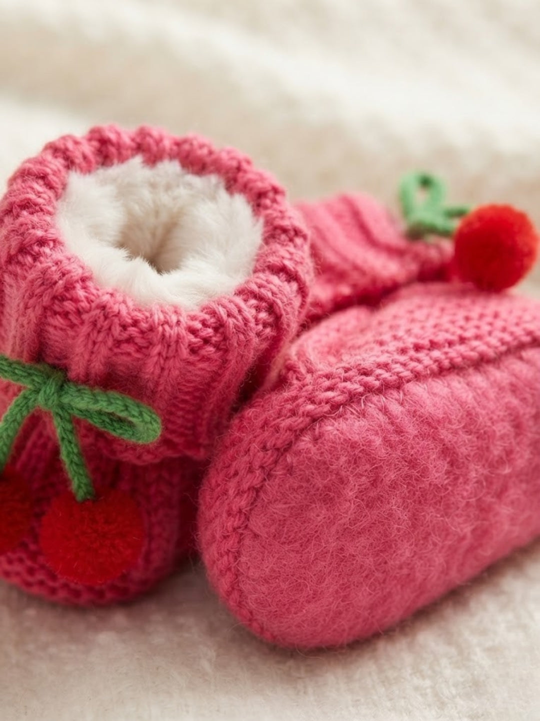 Baby Wool Booties with Cherry Pom-Pom Design | Soft Knitted Baby Shoes | Cute Pink Booties for Babies 0–9 Months