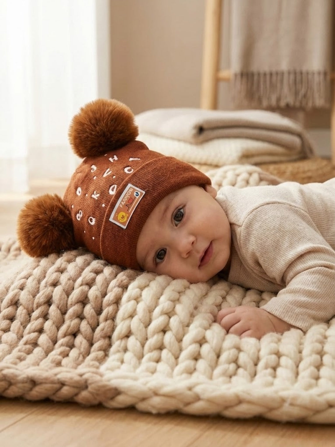 Cdeck Kids Woolen Winter Cap with Double Pom Pom Design | Soft, Warm & Comfortable | 1–3 Years