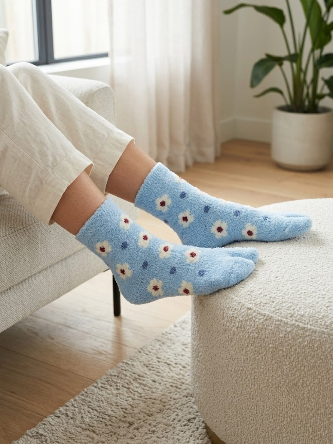 Cdeck Women Soft Fuzzy Winter Socks | Warm & Cozy Floral Pattern | Free Size | Light Blue