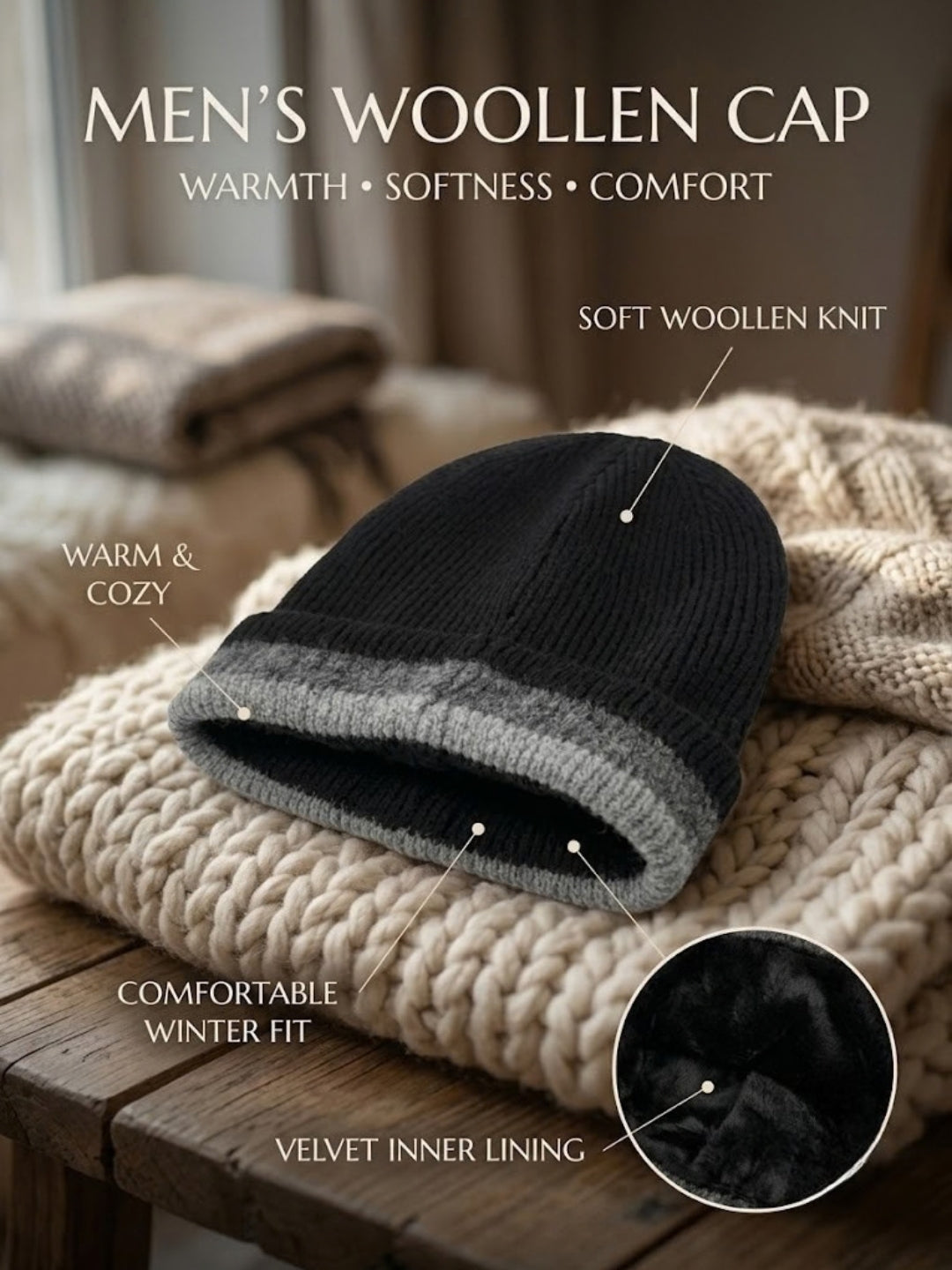 Cdeck Men’s Woolen Winter Cap | Soft, Warm & Comfortable Cap for Everyday Wear | Free Size |Black