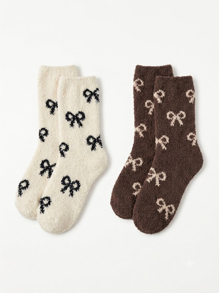 Cdeck Women’s Mid-Calf Fuzzy Socks – Soft Plush Bow Pattern Warm Winter Socks