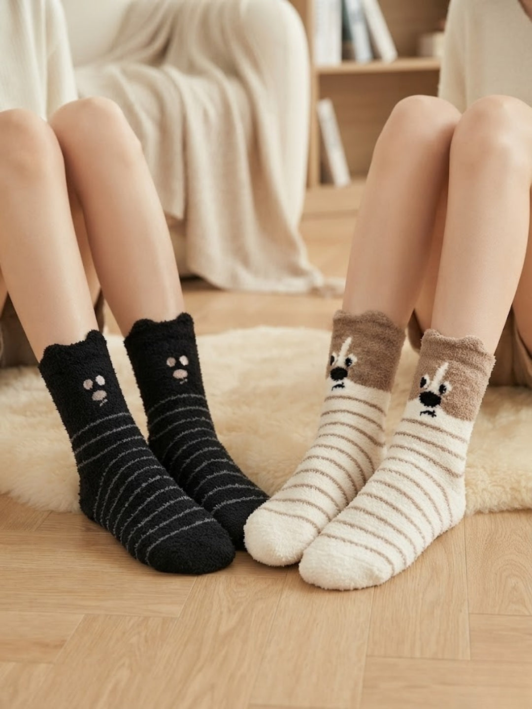 Cdeck Rabbit Hair Wool Socks for Women, 2 Pairs Fuzzy Warm Winter Socks with Cute Animal Face