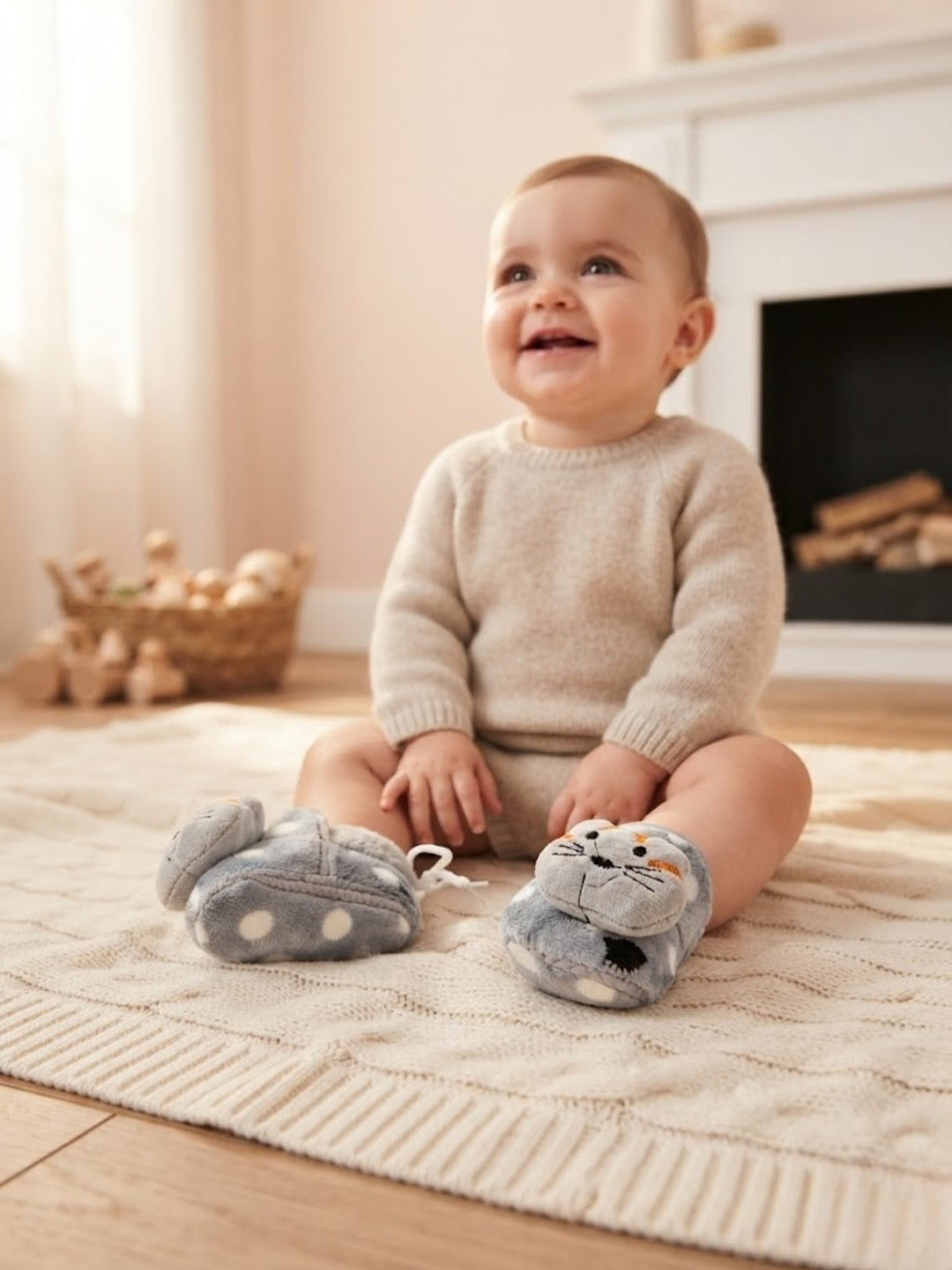 Cdeck Baby Cat Plush Booties for Boys & Girls, Soft Warm Fleece Shoes with Cute Animal Design, 3-9 Months