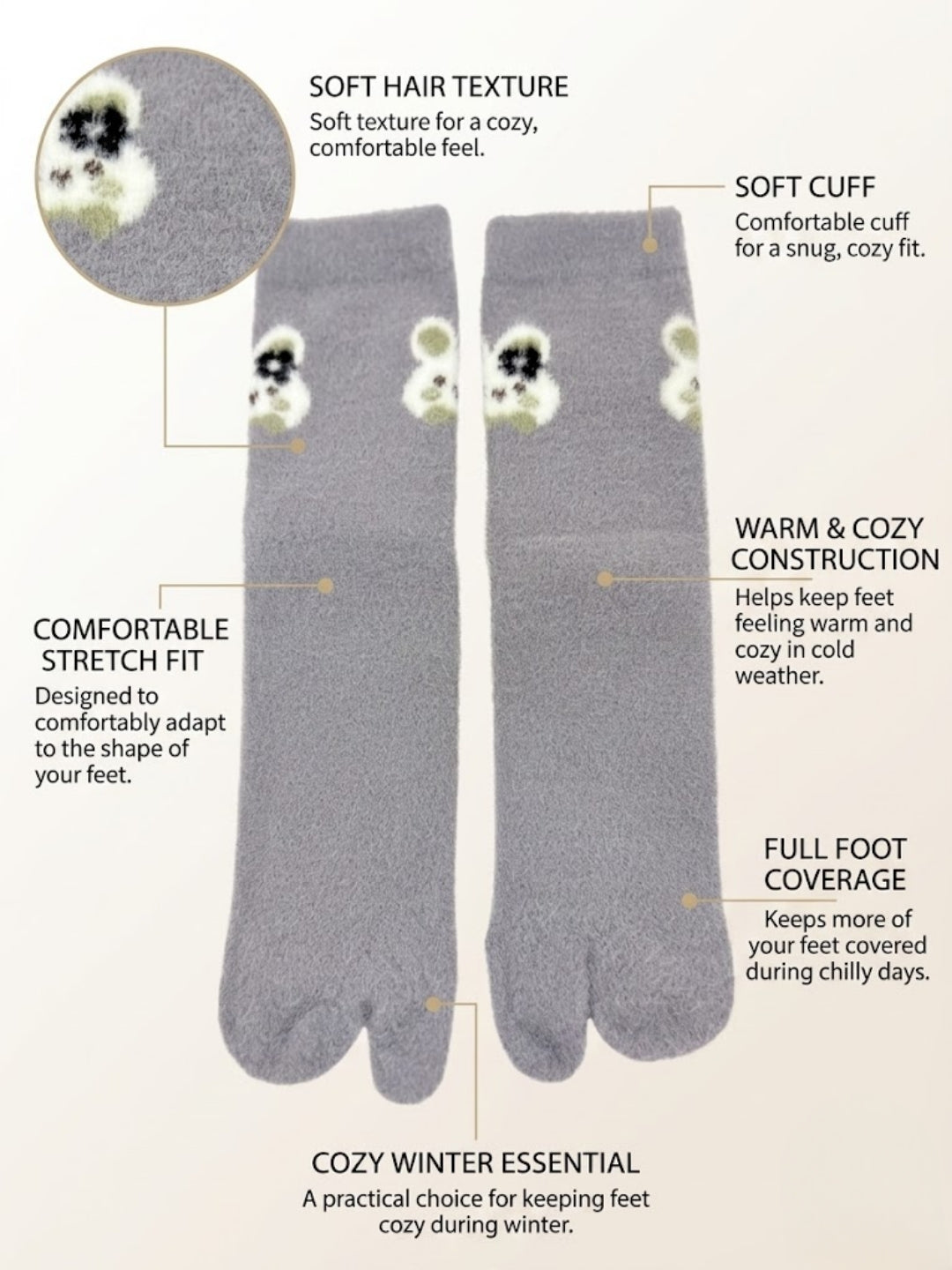 Cdeck Women’s Premium Fuzzy Split-Toe Socks –| Cute Bunny Design, Warm Winter Socks | Free Size | Lavender