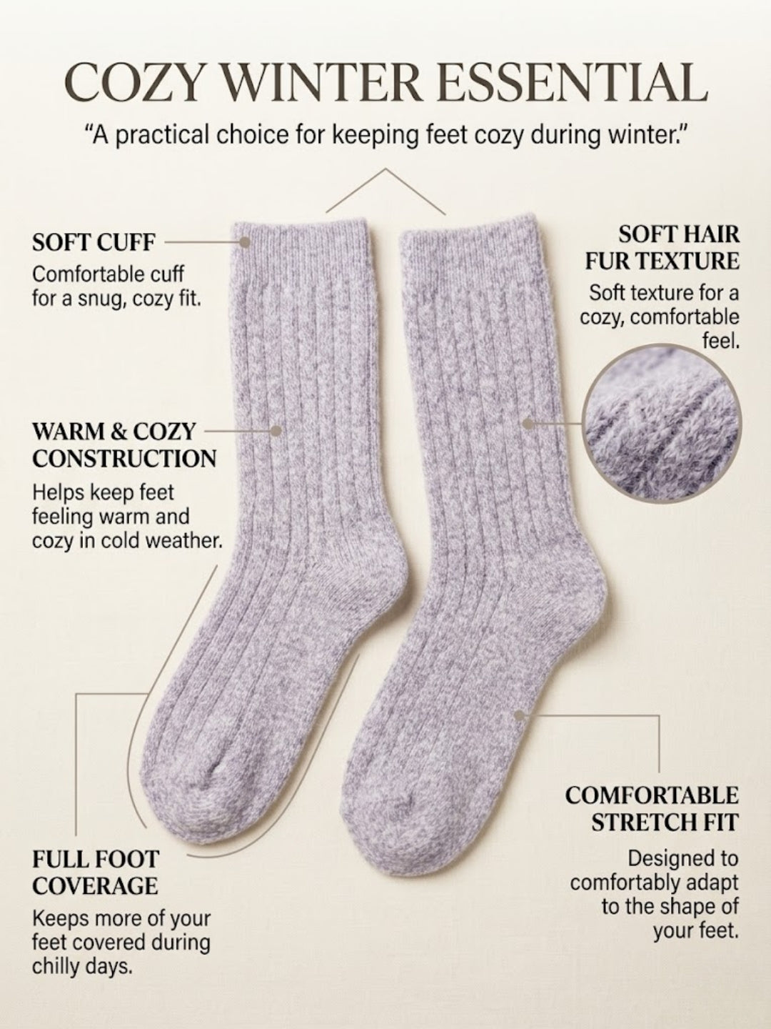 Cdeck Women’s Soft Ribbed Winter Socks  |  Cozy Warm Comfortable Crew Socks | Lavender Color | Free Size