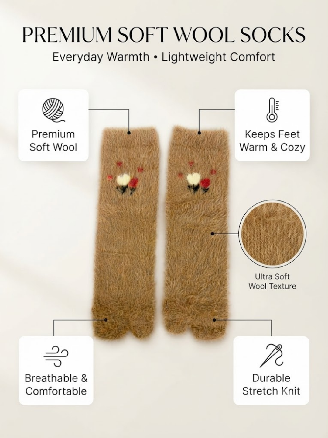 Cdeck Women’s Fluffy Socks | Warm, Cozy & Cute Brown Embroidered Socks