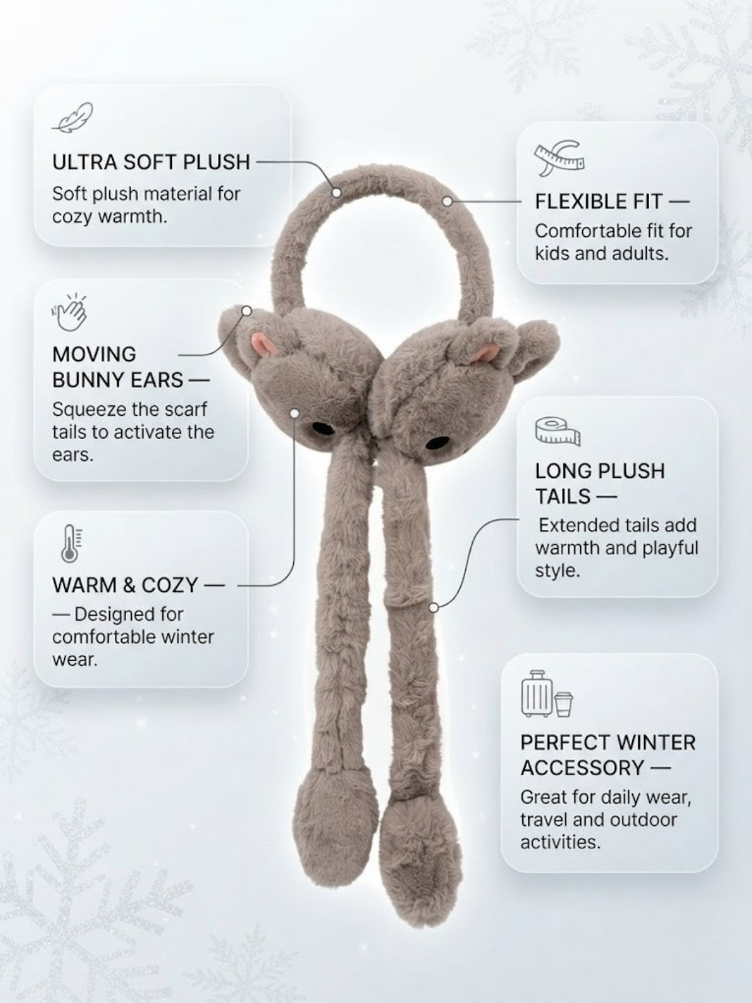 Cdeck Velvet Beige Bunny Earmuffs for Girls & Women, Soft Warm Winter Earmuffs with Long Hanging Ear Covers, Free Size