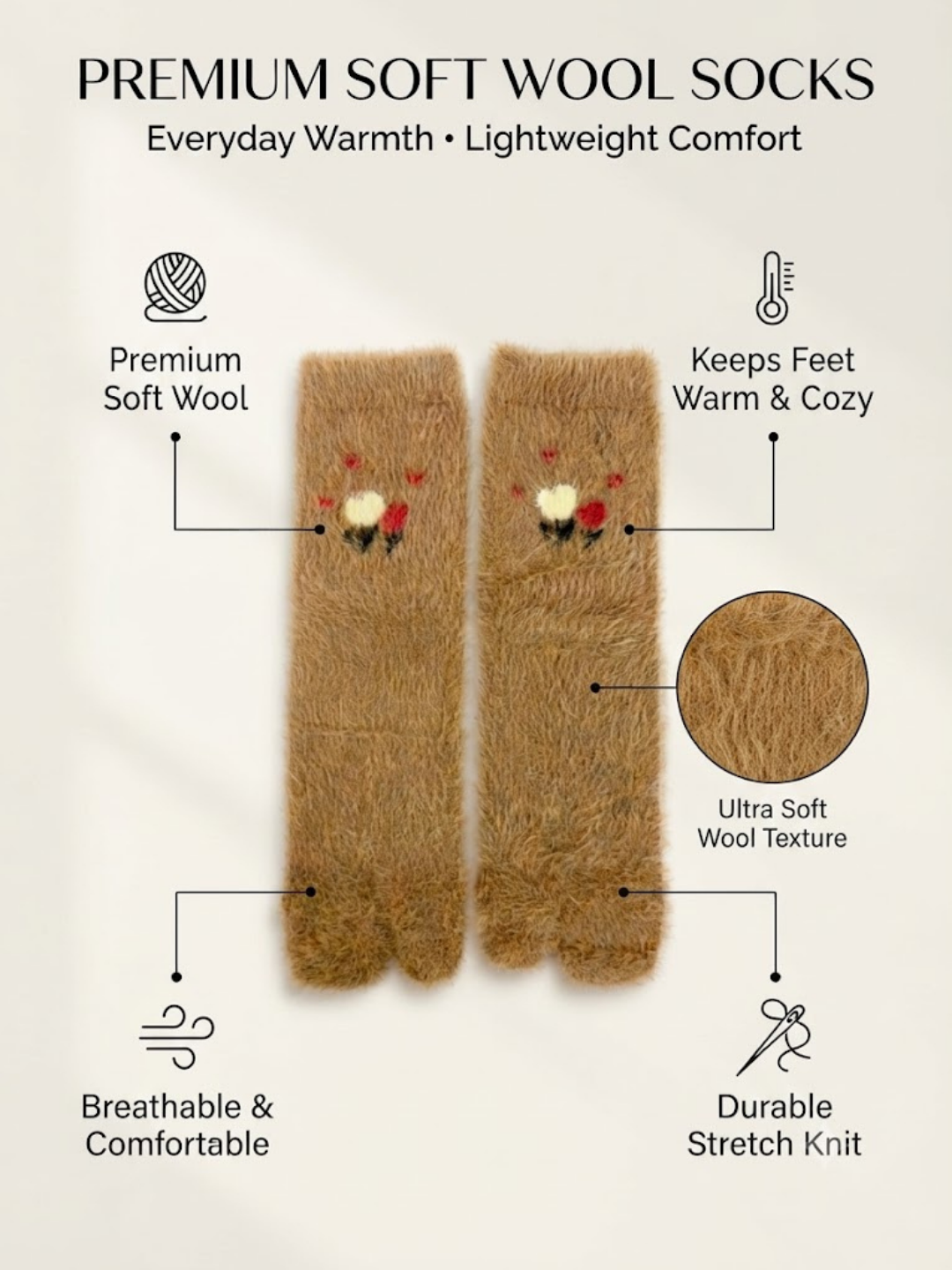 Cdeck Women’s Fluffy Socks | Warm, Cozy & Cute Brown Embroidered Socks