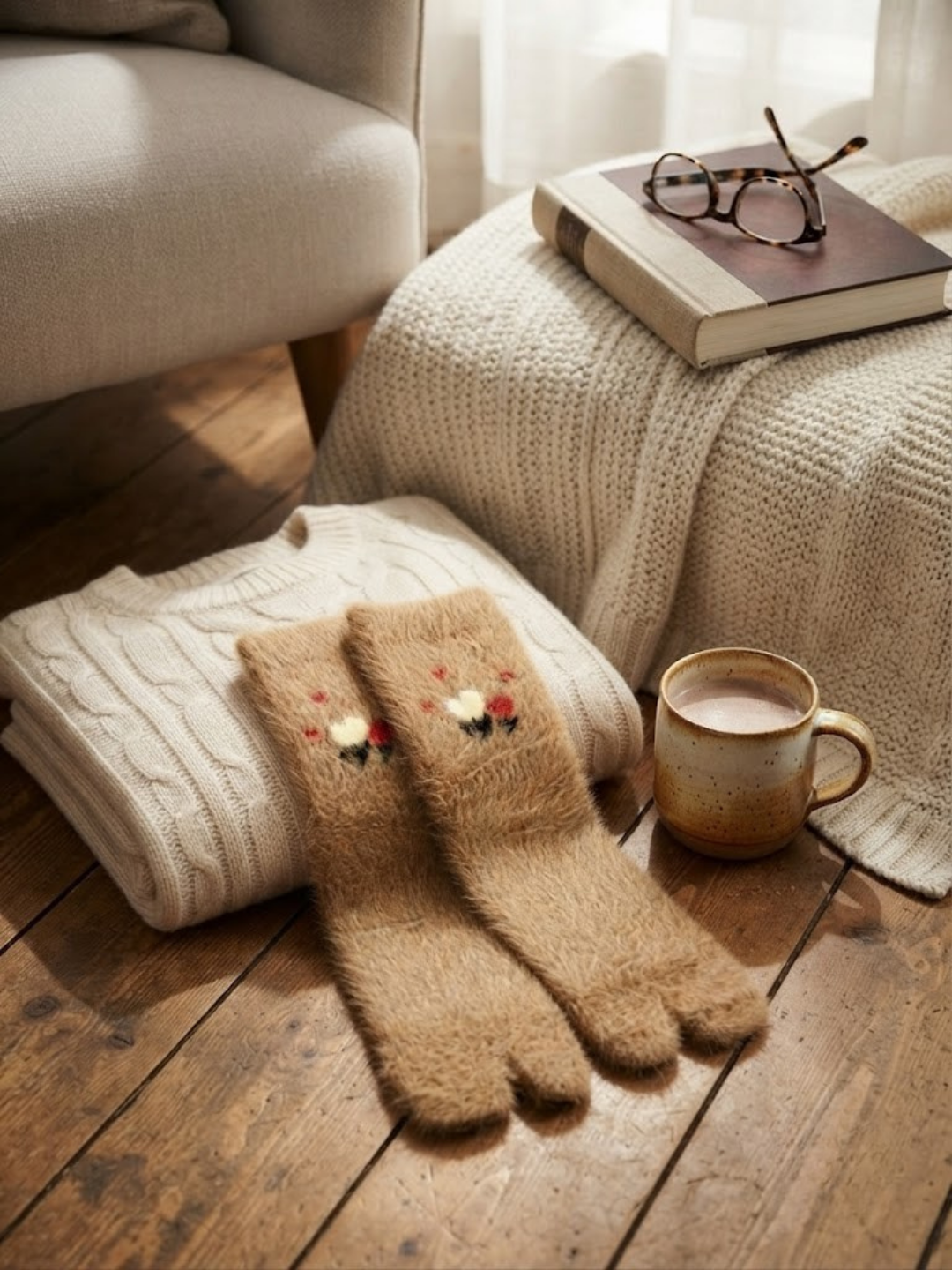 Cdeck Women’s Fluffy Socks | Warm, Cozy & Cute Brown Embroidered Socks