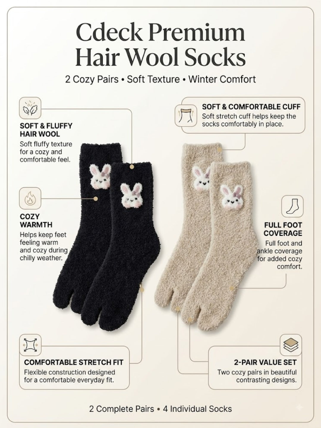 Cdeck Women’s Premium Fuzzy Split-Toe Socks | Cute Bunny Design, Warm Winter Socks | Free Size | Black & Beige