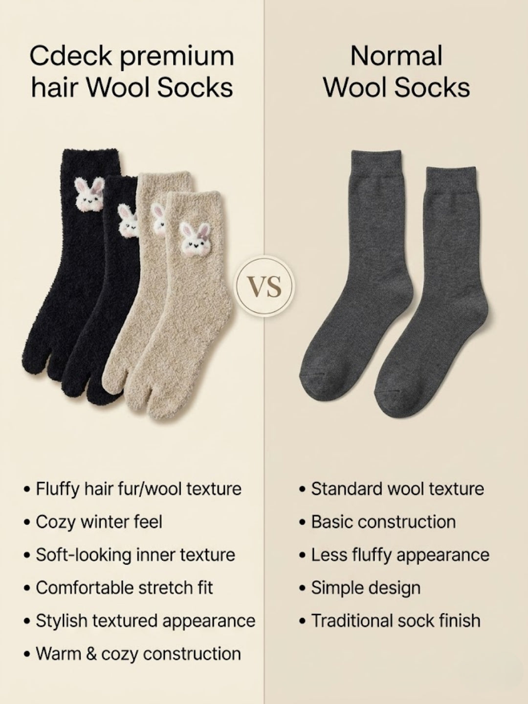 Cdeck Women’s Premium Fuzzy Split-Toe Socks | Cute Bunny Design, Warm Winter Socks | Free Size | Black & Beige