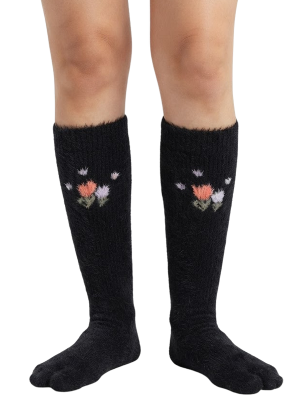 Cdeck Women’s Knee High Wool Socks | Warm, Cozy & Stylish Black Floral Socks