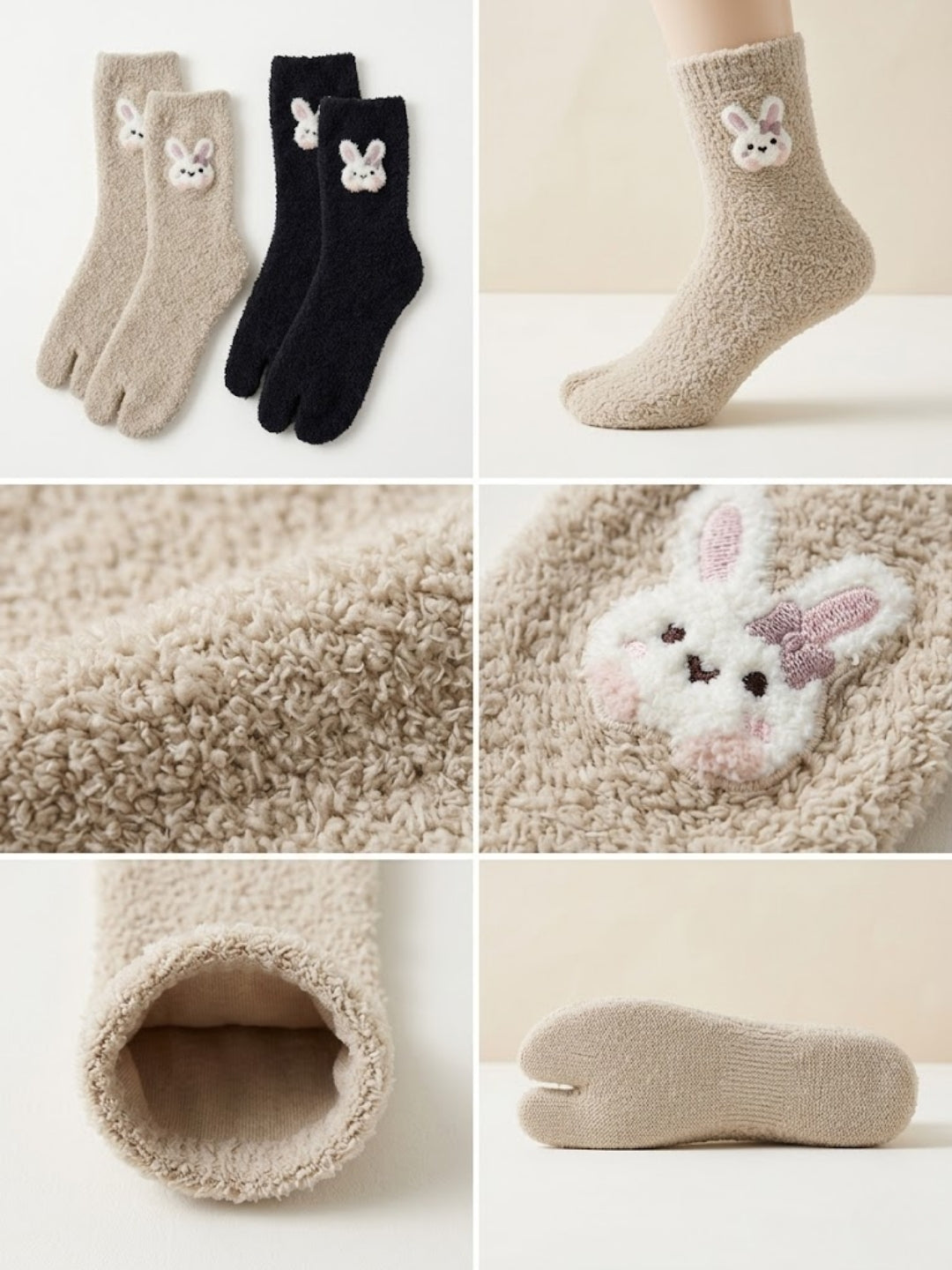 Cdeck Women’s Premium Fuzzy Split-Toe Socks | Cute Bunny Design, Warm Winter Socks | Free Size | Black & Beige