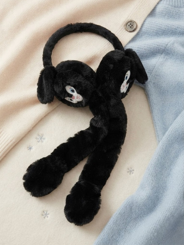 Cdeck Velvet Black Puppy Earmuffs for Girls & Women, Soft Warm Winter Earmuffs with Long Hanging Ear Covers, Free Size