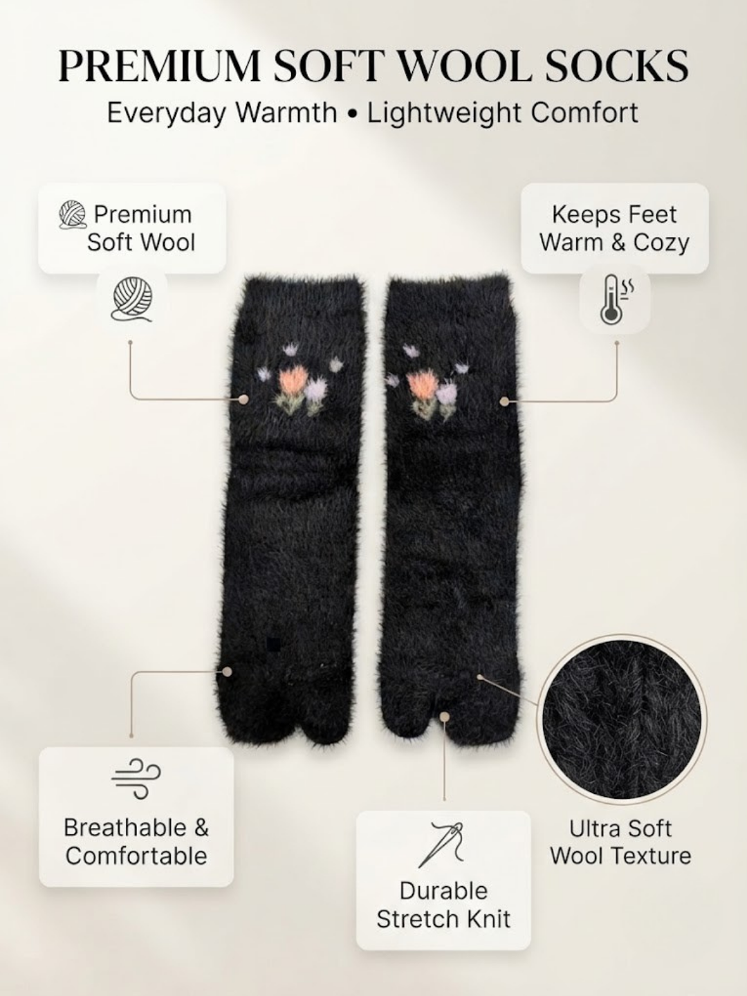 Cdeck Women’s Knee High Wool Socks | Warm, Cozy & Stylish Black Floral Socks