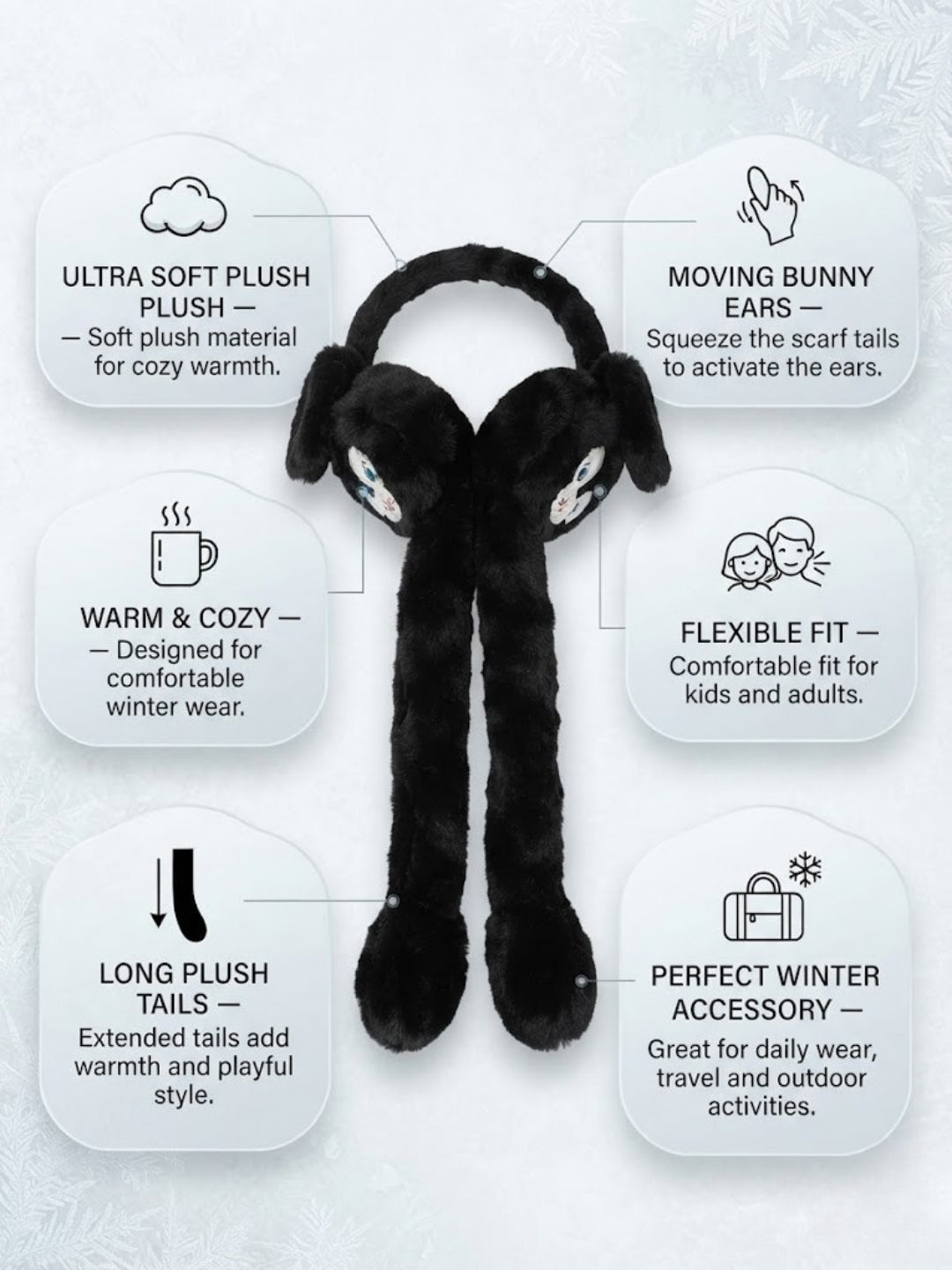 Cdeck Velvet Black Puppy Earmuffs for Girls & Women, Soft Warm Winter Earmuffs with Long Hanging Ear Covers, Free Size