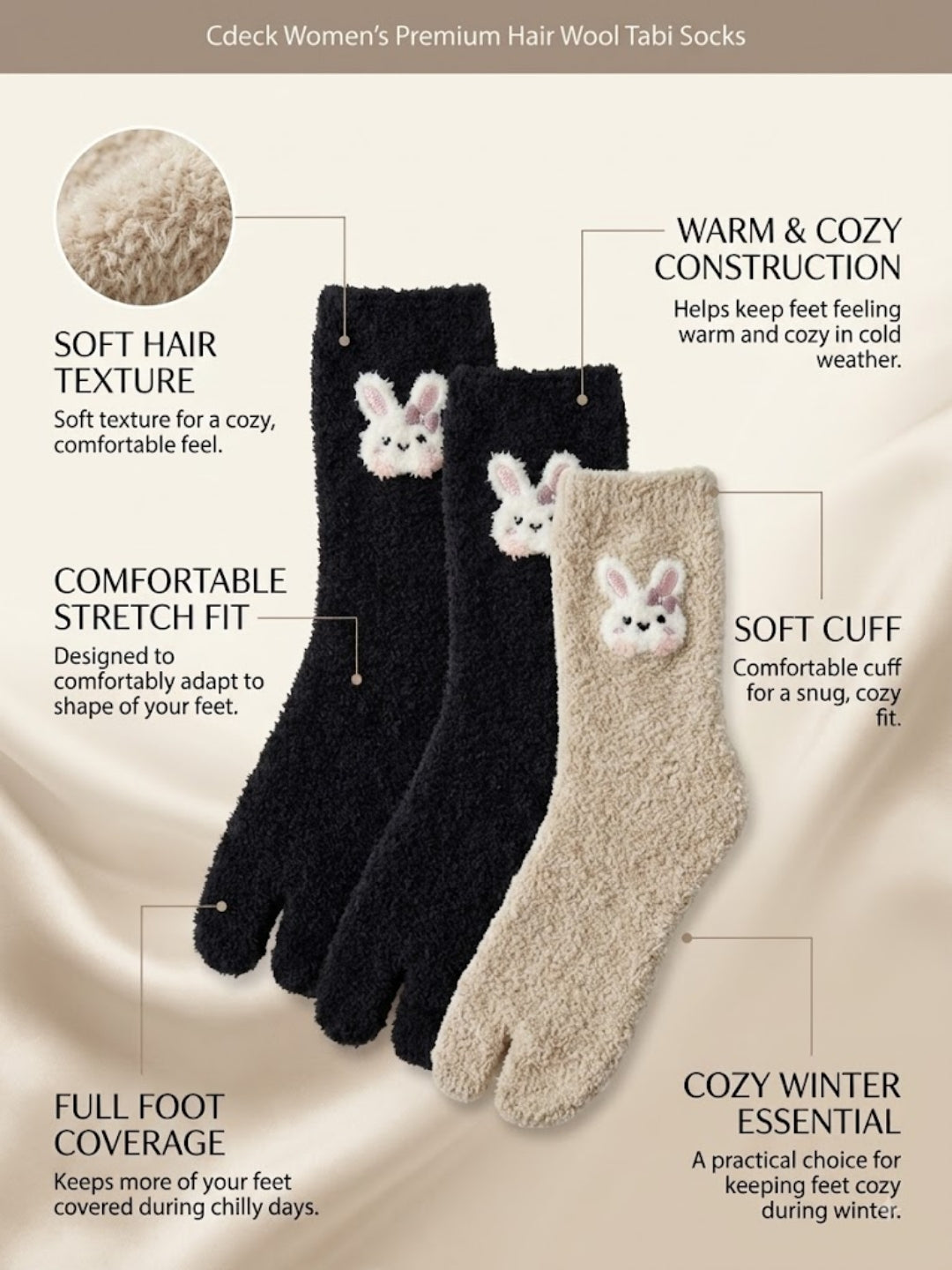 Cdeck Women’s Premium Fuzzy Split-Toe Socks | Cute Bunny Design, Warm Winter Socks | Free Size | Black & Beige