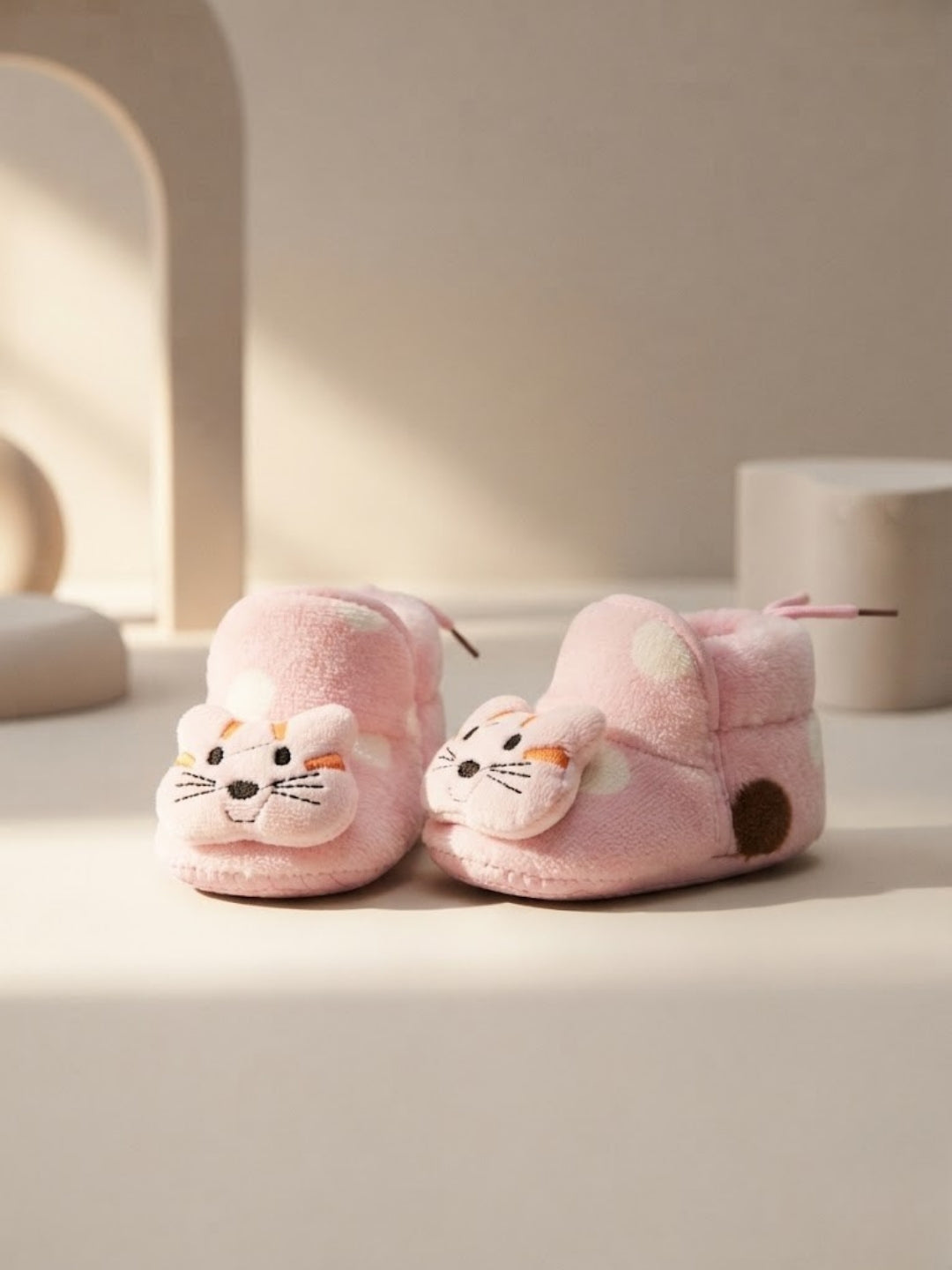 Cdeck Baby Pink Cat Plush Booties for Boys & Girls, Soft Fleece Warm Booties with Cute Animal Design, 3-9 Months