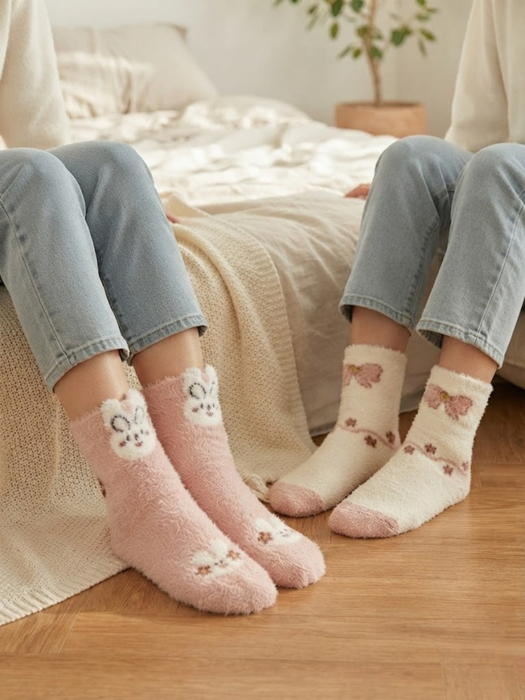 Cdeck Rabbit Hair Wool Socks for Women, 2 Pairs Fuzzy Warm Winter Socks with Cute Rabbit and Floral Pattern