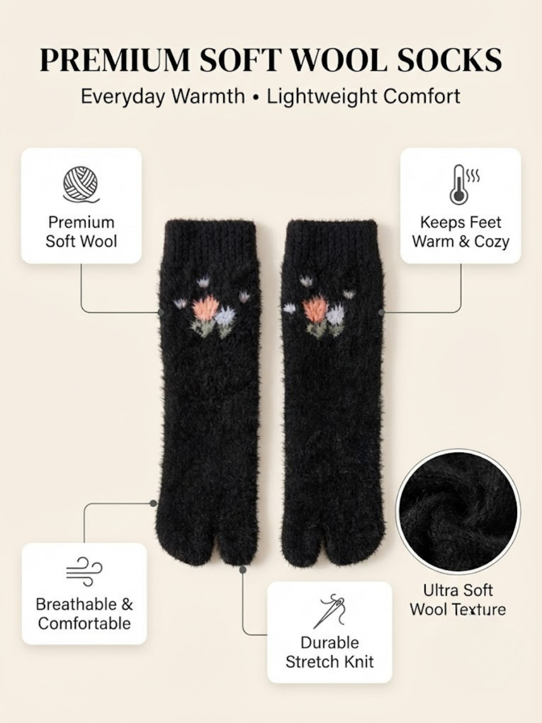 Cdeck Women’s Knee High Wool Socks | Warm, Cozy & Stylish Black Floral Socks
