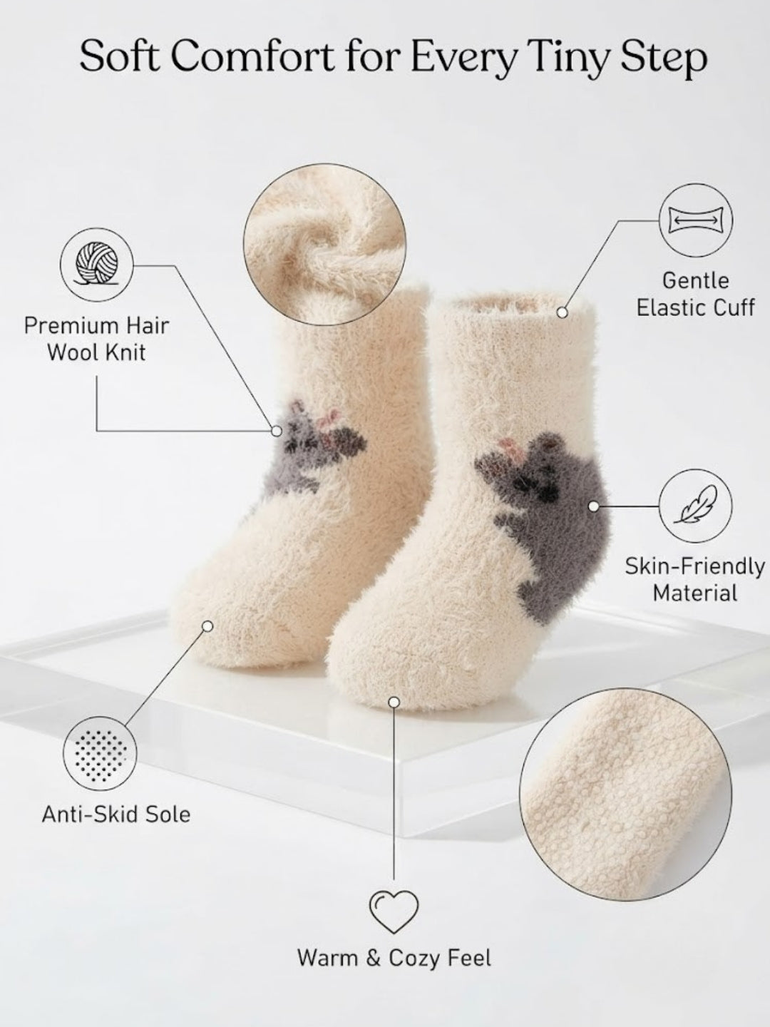 Cdeck Kids Winter Woolen Socks | Soft Fuzzy Rabbit Hair Wool Socks with Anti-Skid Sole | 0–4 Years | Pack of 3 | Multicolor