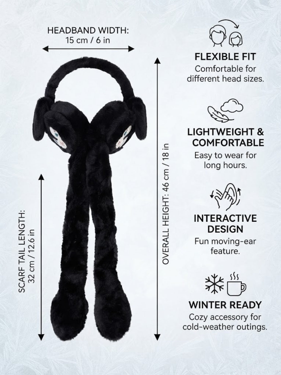 Cdeck Velvet Black Puppy Earmuffs for Girls & Women, Soft Warm Winter Earmuffs with Long Hanging Ear Covers, Free Size