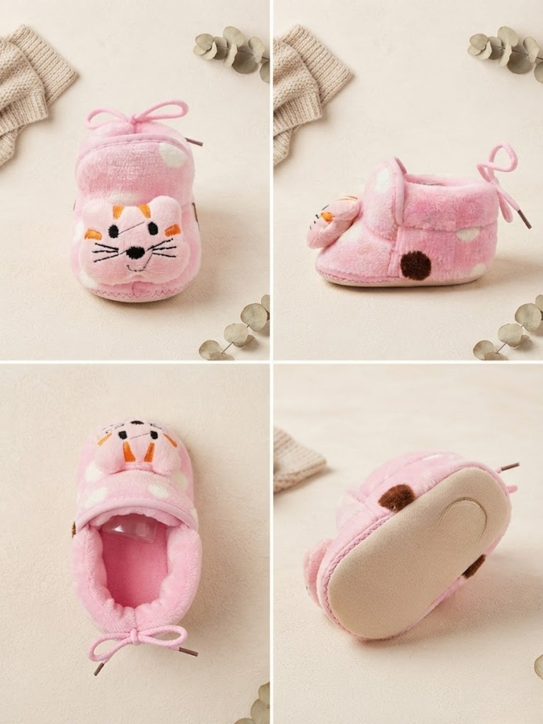 Cdeck Baby Pink Cat Plush Booties for Boys & Girls, Soft Fleece Warm Booties with Cute Animal Design, 3-9 Months