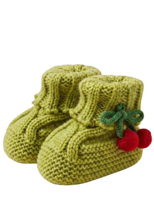 Cdeck Baby Wool Booties with Cherry Pom-Pom Design | Soft Knitted Baby Shoes | Cute Green Booties for Babies 0–9 Months
