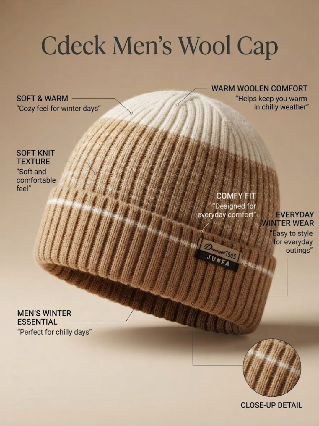 Cdeck Men’s Winter Woolen Cap | Ribbed Knit Beanie | Free Size | Soft & Warm  | Brown