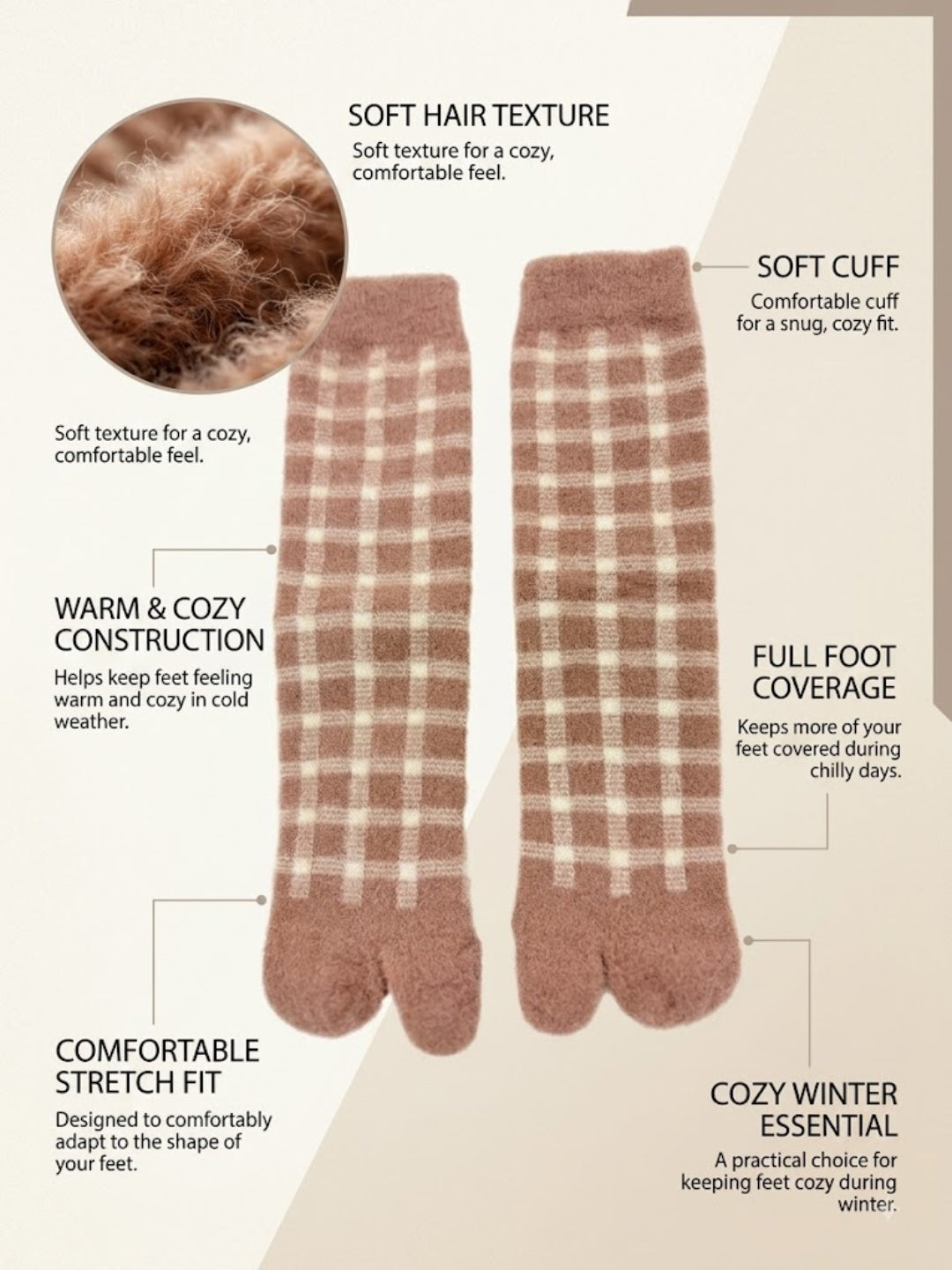 Cdeck Women’s Premium Rabbit Hair Wool Split-Toe Warm Winter Socks –| Free size |Brown & Cream