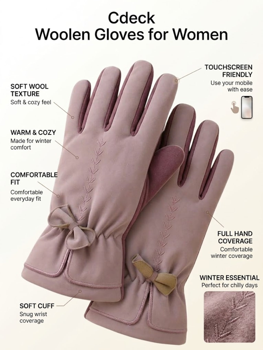 Cdeck Women’s Woolen Gloves | Warm & Stylish | Screen Friendly | Full-Finger | Free Size | Pink