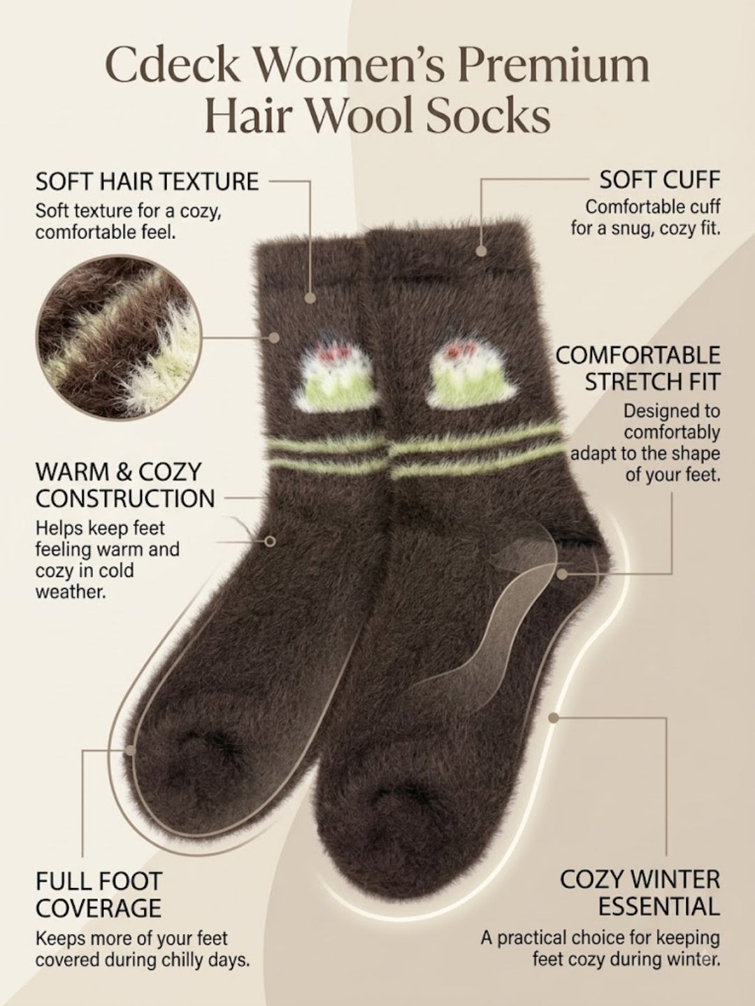 Cdeck Women’s Soft & Warm Woolen Fuzzy Socks | Cozy Thick Winter Socks for Women | Brown