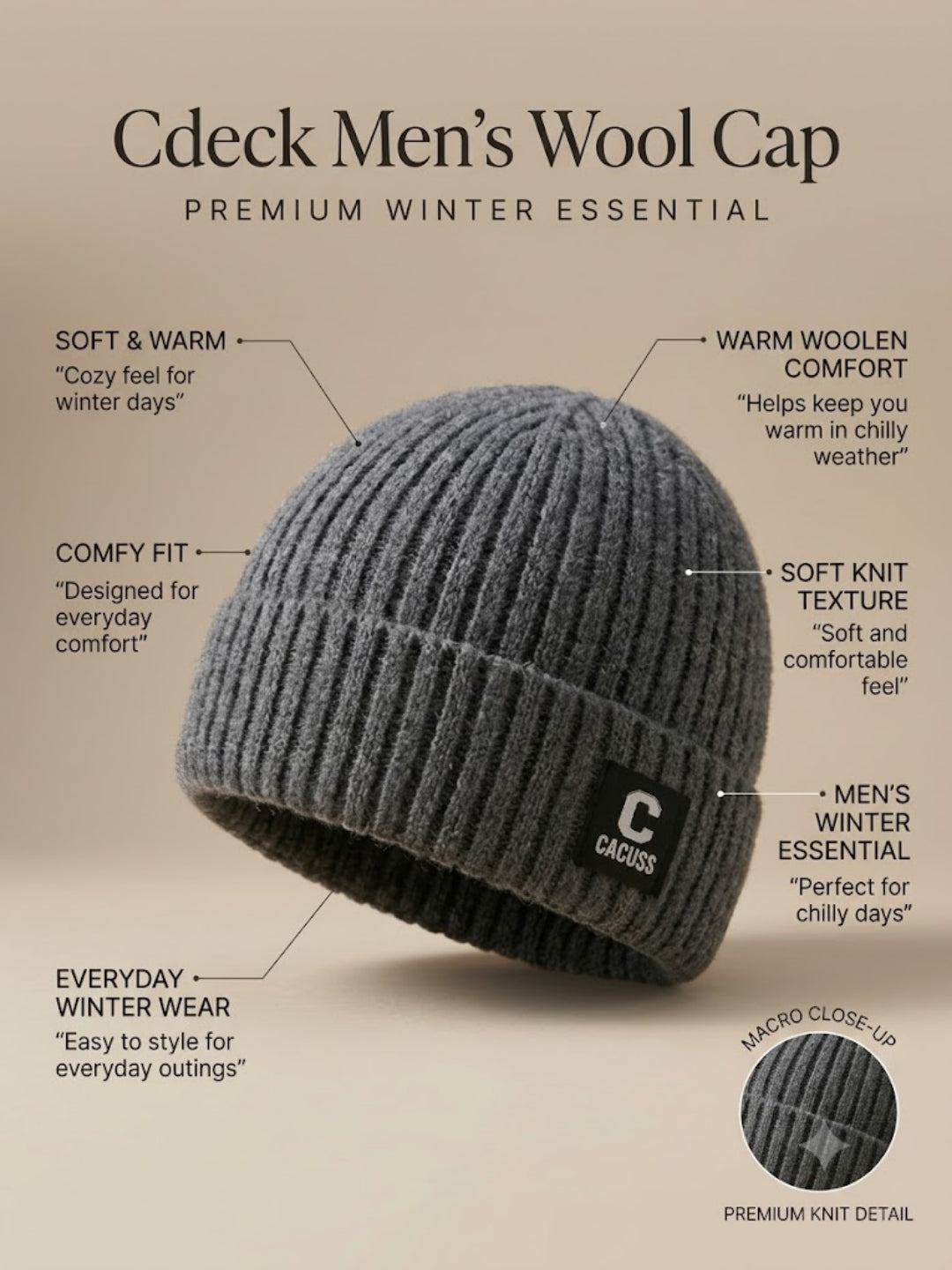 Cdeck Men’s Woolen Winter Cap | Ribbed Knitted Beanie | Free Size | Warm & Comfortable | Black