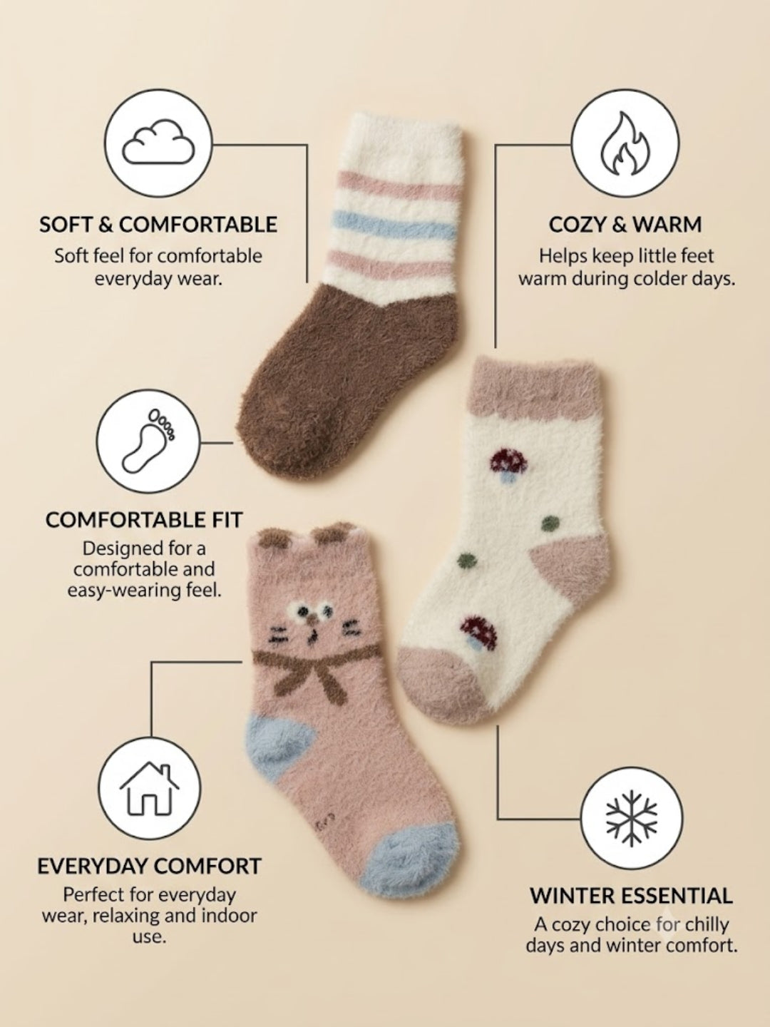 Cdeck Premium Rabbit Wool Winter Socks for Kids | Warm & Soft Fuzzy Socks for Boys & Girls | Age 2–12 Years | Multicolor Pack