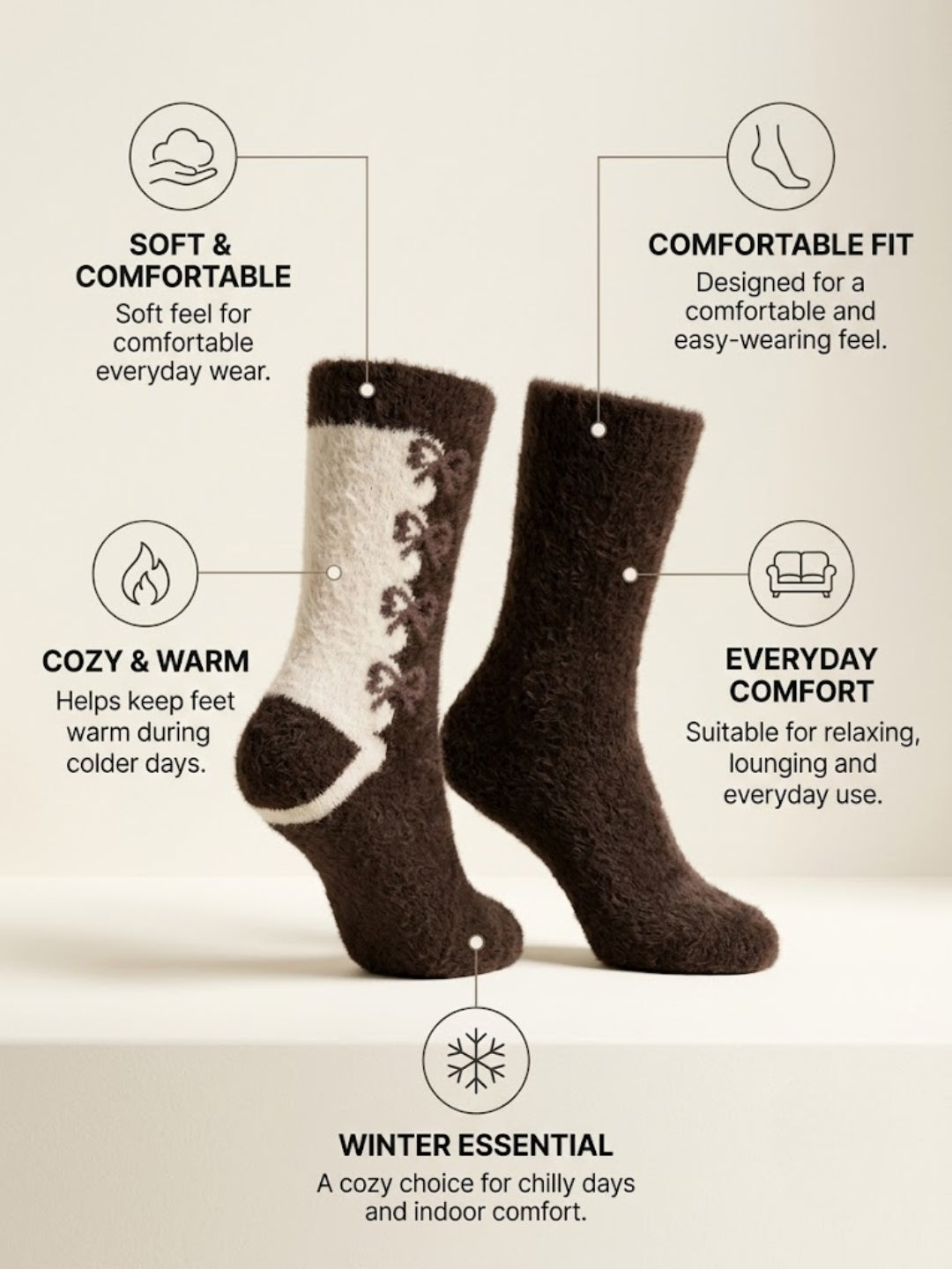 Cdeck Women’s Fuzzy Wool Socks | Soft & Warm Winter Socks | Cute Floral Pattern | Brown & Cream | Free Size