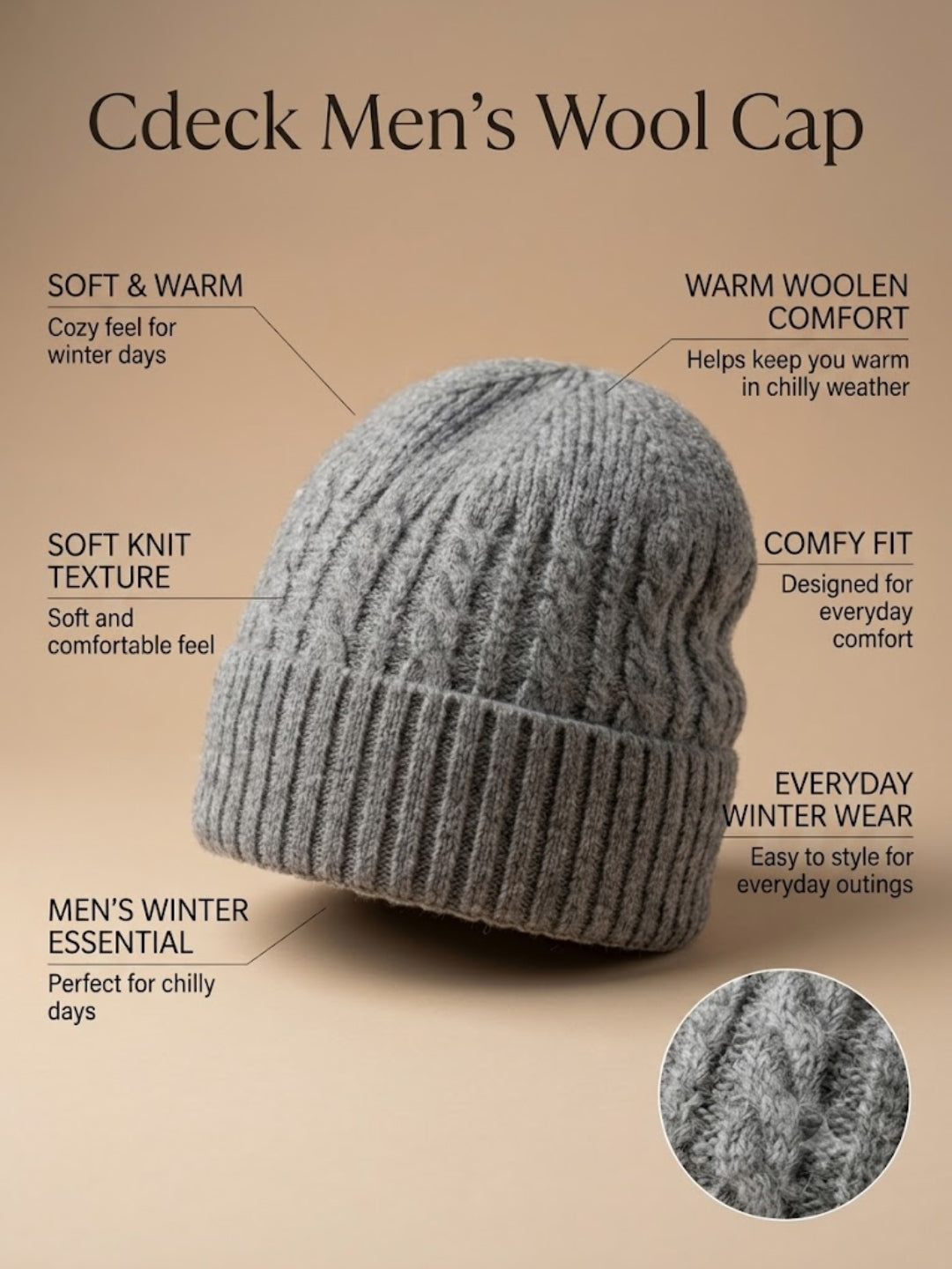 Cdeck Men’s Winter Woolen Cap | Ribbed Knit Beanie | Free Size | Soft & Warm | Grey