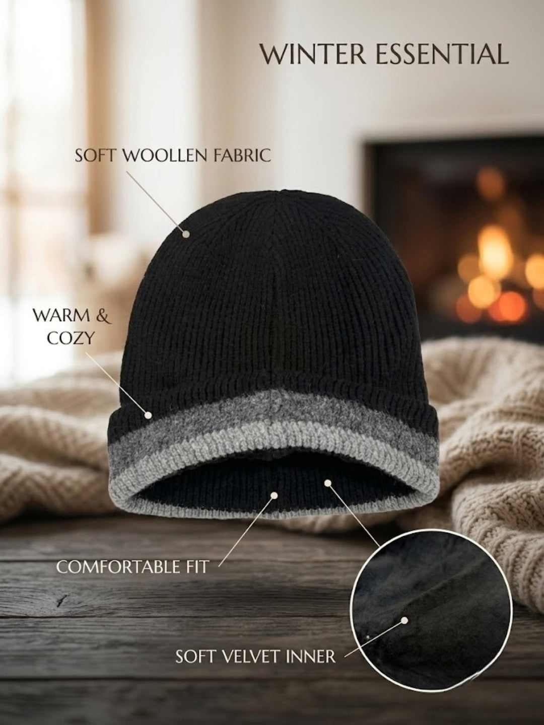 Cdeck Men’s Woolen Winter Cap | Soft, Warm & Comfortable Cap for Everyday Wear | Free Size |Black