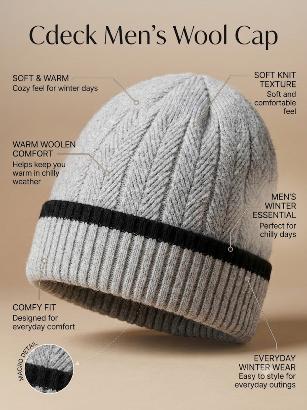 Cdeck Men’s Winter Woolen Cap | Ribbed Knit Beanie | Free Size | Soft & Warm | Grey