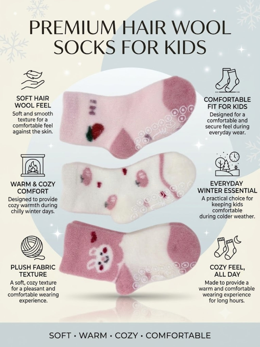 Cdeck Kids Premium Hair Wool Socks | Soft & Warm Winter Socks for Boys & Girls | 3 Pack | 0–4 Years | Pink & White