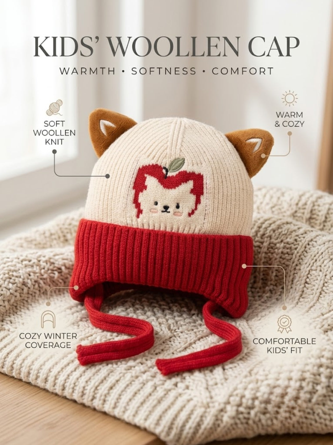 Cdeck Kids Woolen Winter Cap for Boys & Girls | Warm & Comfortable Winter Wear | 2–4 Years | Red