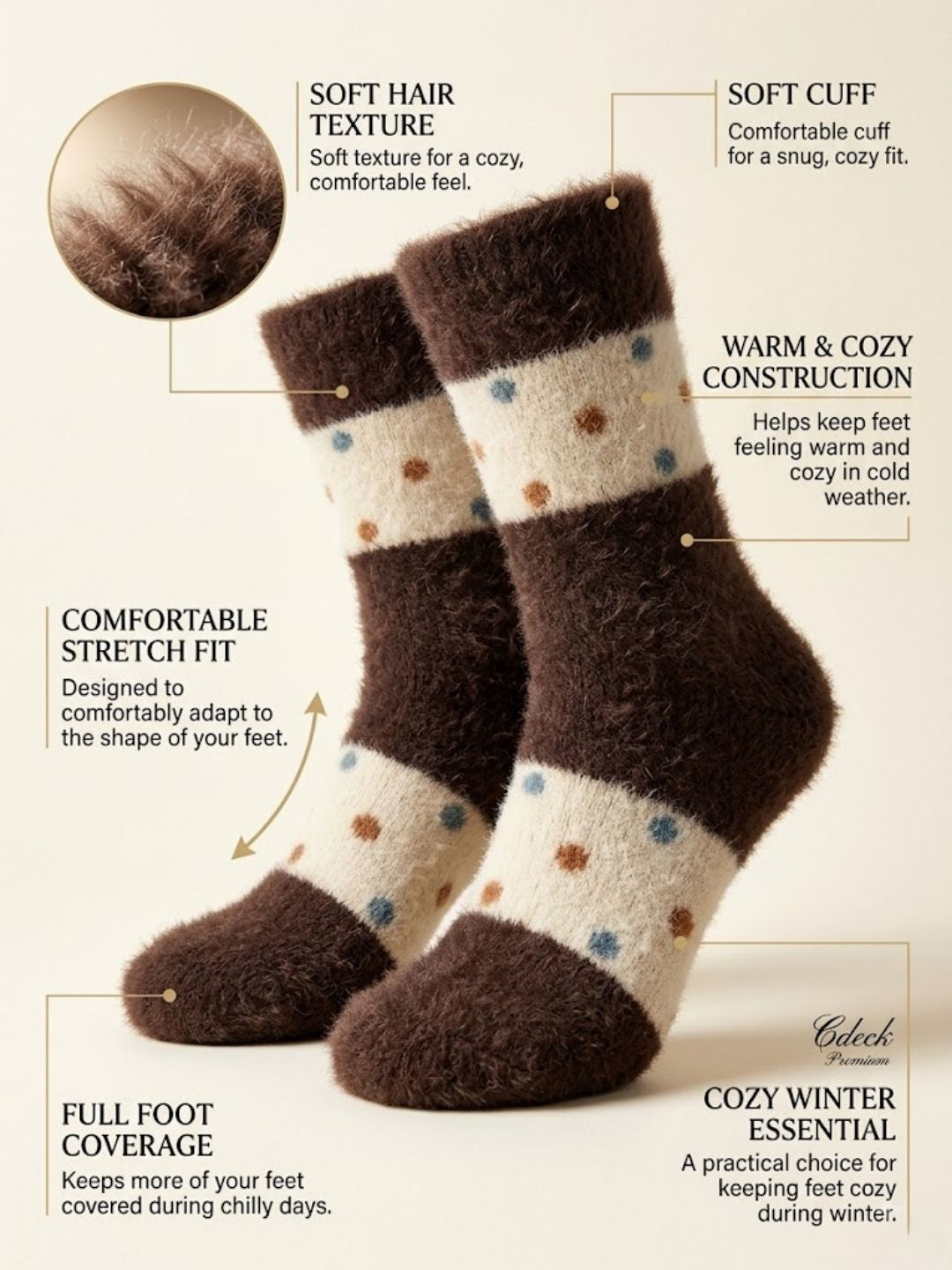 Cdeck Women’s Premium Hair Wool Fuzzy Socks | Soft & Warm Thick Winter Socks | Brown & Cream